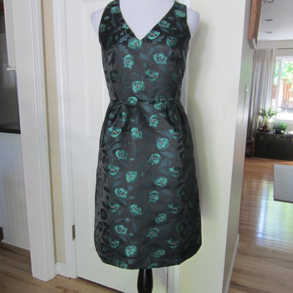 J CREW Jacquard Black w/ Green Floral V-neck Sleeveless Cocktail dress Sz 6 - Picture 3 of 15